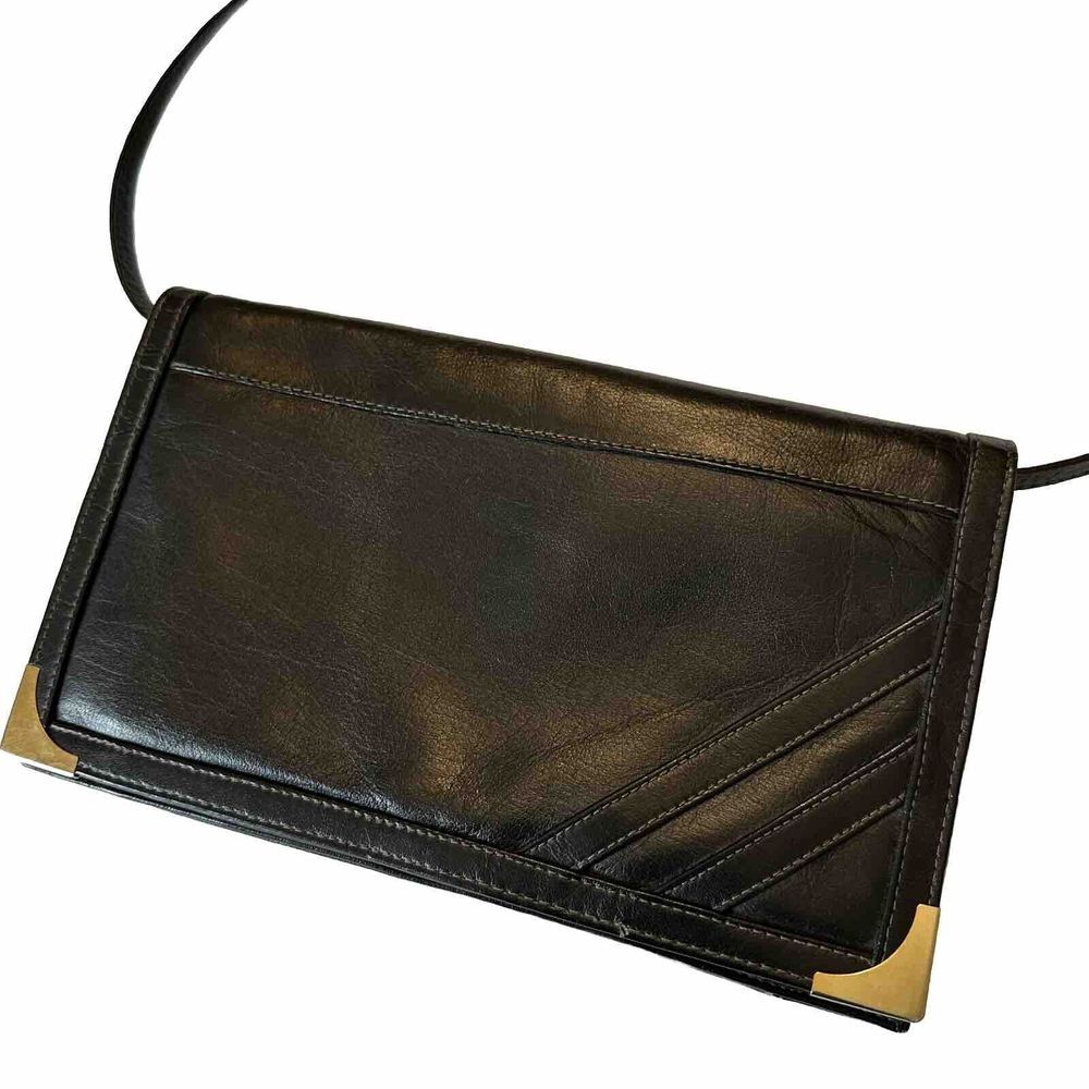 Vintage Black Leather Shoulder Bag Envelope Style Snap‎ Gold Details 1980 Retro